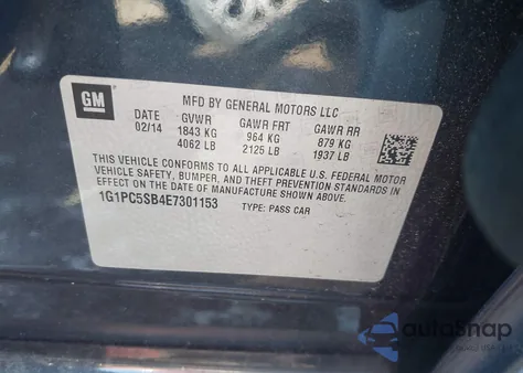 2014 Chevrolet Cruze 1Lt Auto из США, поврежденный, VIN 1G1PC5SB4E7301153